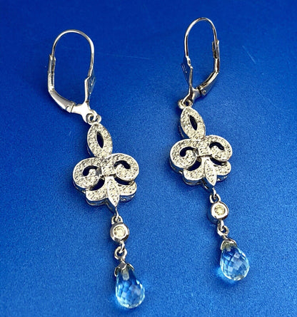 Designer EA Sterling Silver 925 Diamond Blue Topaz Fleur De Lis Drop Earrings