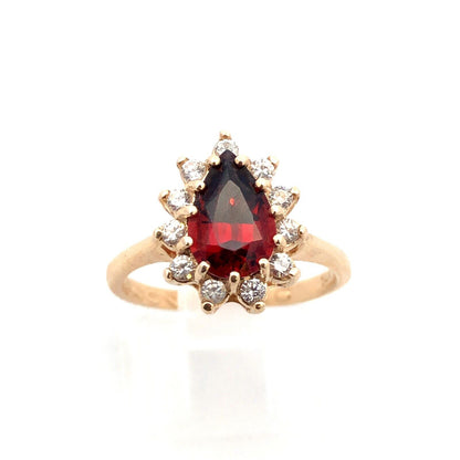 Designer 14K Yellow Gold Pear Red Tourmaline Cubic Zirconia Halo Cocktail Ring