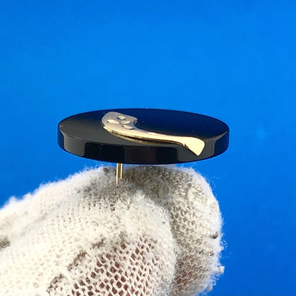 Retro 10K Yellow Gold Leaf Etched Black Resin Modernist Statement Stud Earrings