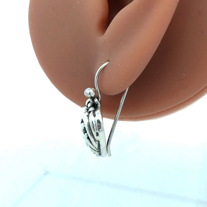 Vintage 925 Sterling Silver Scroll Swirl Puffy Heart Hook Dangle Earrings