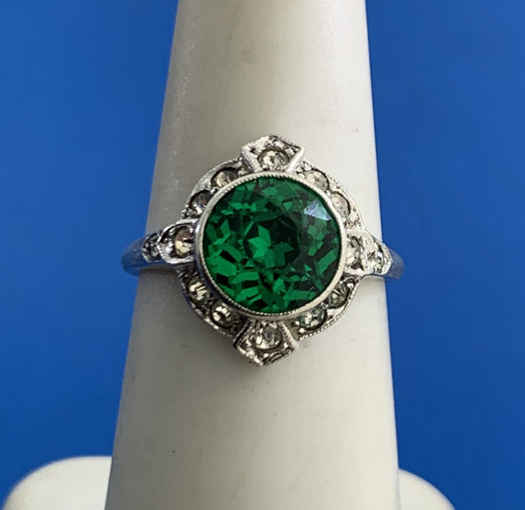 Designer 925 Sterling Silver Green Cubic Zirconia White CZ Halo Cocktail Ring