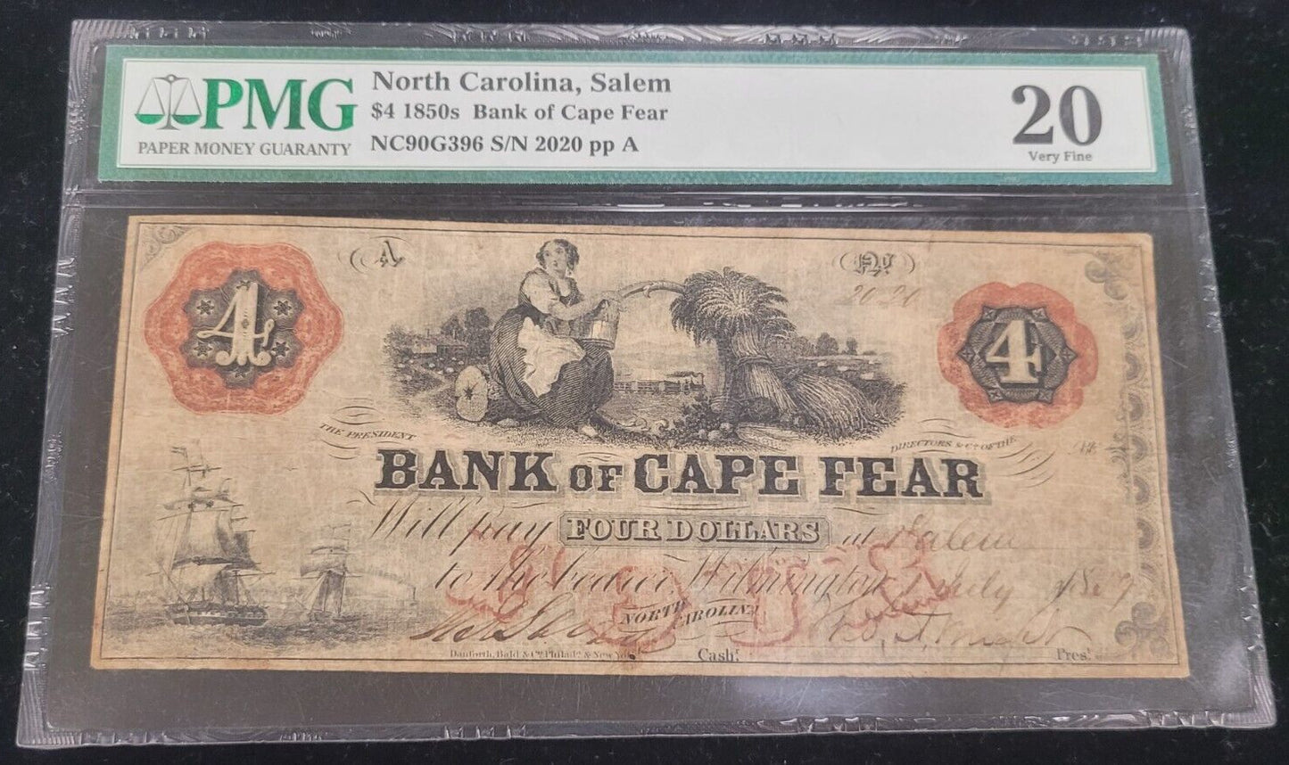 1859 $4 PMG VF20 Bank of Cape Fear, Salem, North Carolina Obsolete Bank Note