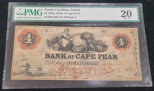1859 $4 PMG VF20 Bank of Cape Fear, Salem, North Carolina Obsolete Bank Note