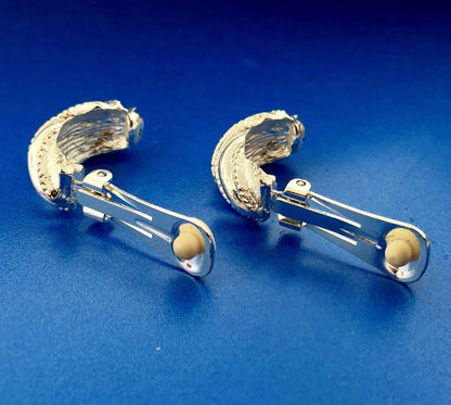Classic Silver Tone Polished Textured Beaded Twist Half Hoop Clip Earrings