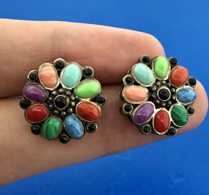 Vintage Sterling Silver 925 Multi Gem Floral Pinwheel Statement Stud Earrings