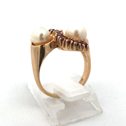 Vintage 14K Yellow Gold Garnet Pearl Free Form Cocktail Anniversary Ring