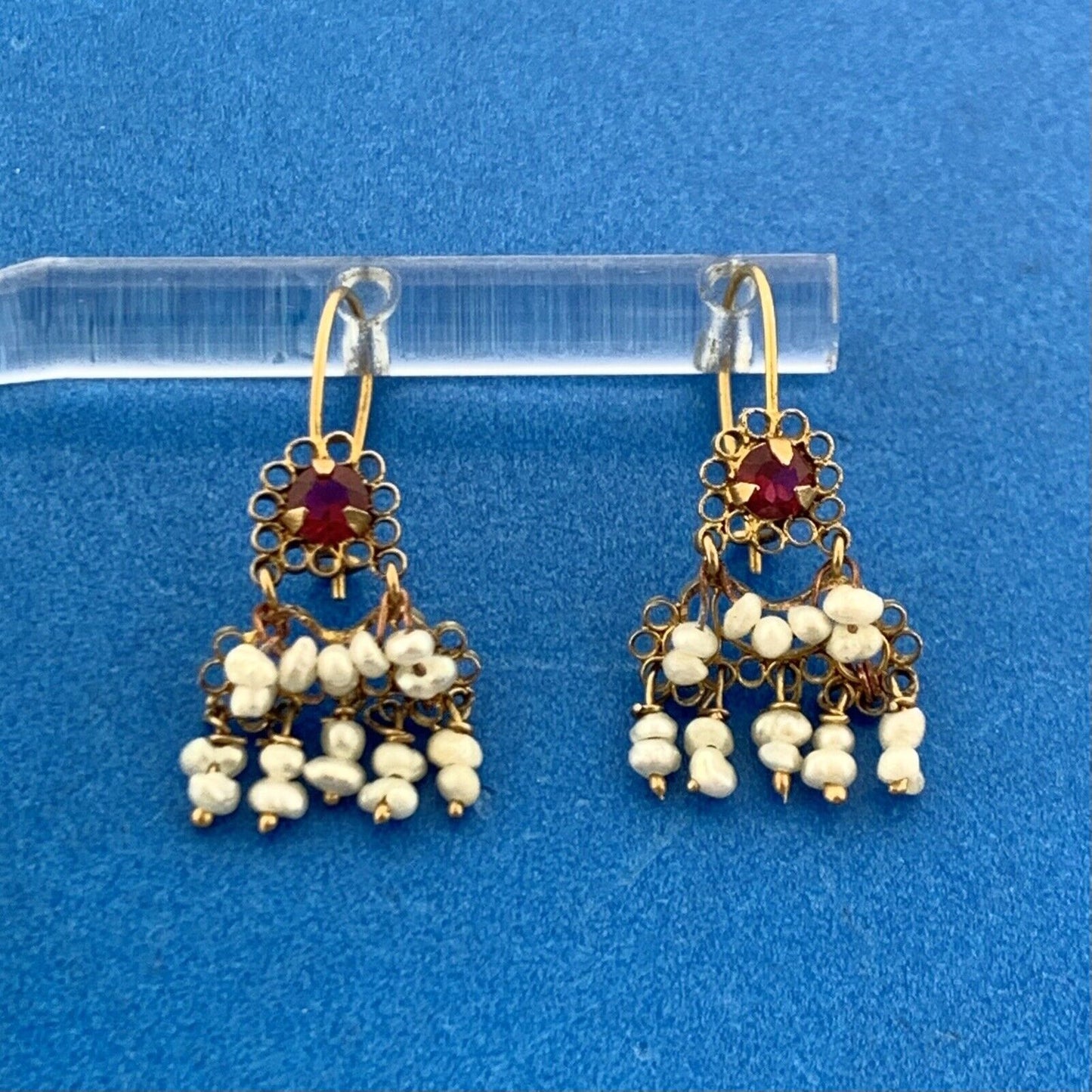 Antique 10K Yellow Gold Garnet Seed Pearl January Anniversary Dangle Earrings