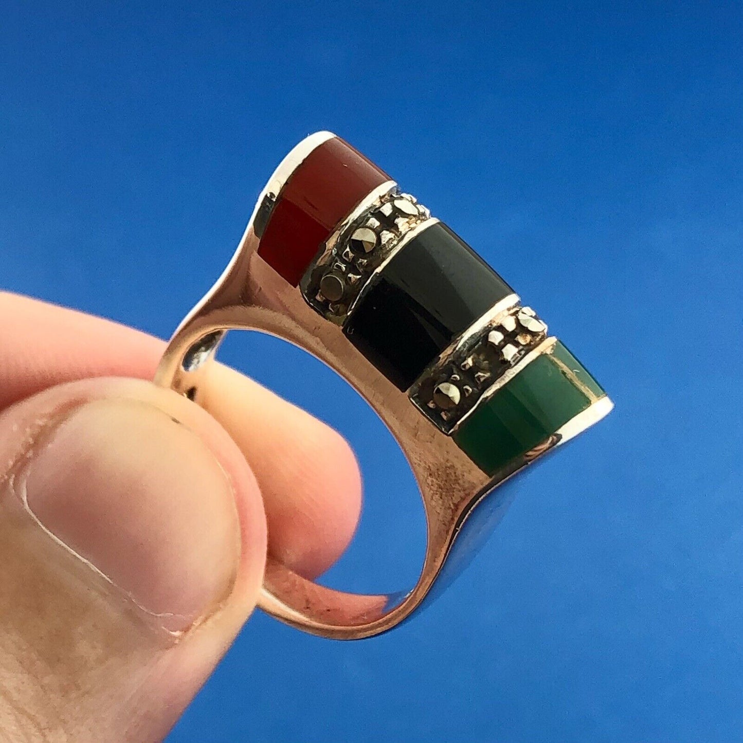 Retro Designer ND 925 Sterling Silver Green Black Onyx Carnelian Marcasite Ring