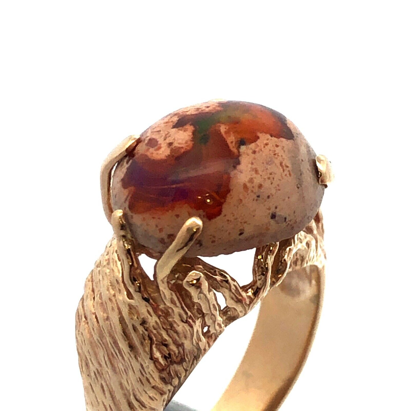 Designer Vintage 14K Yellow Gold Oval Mexican Opal Cabochon Statement Ring