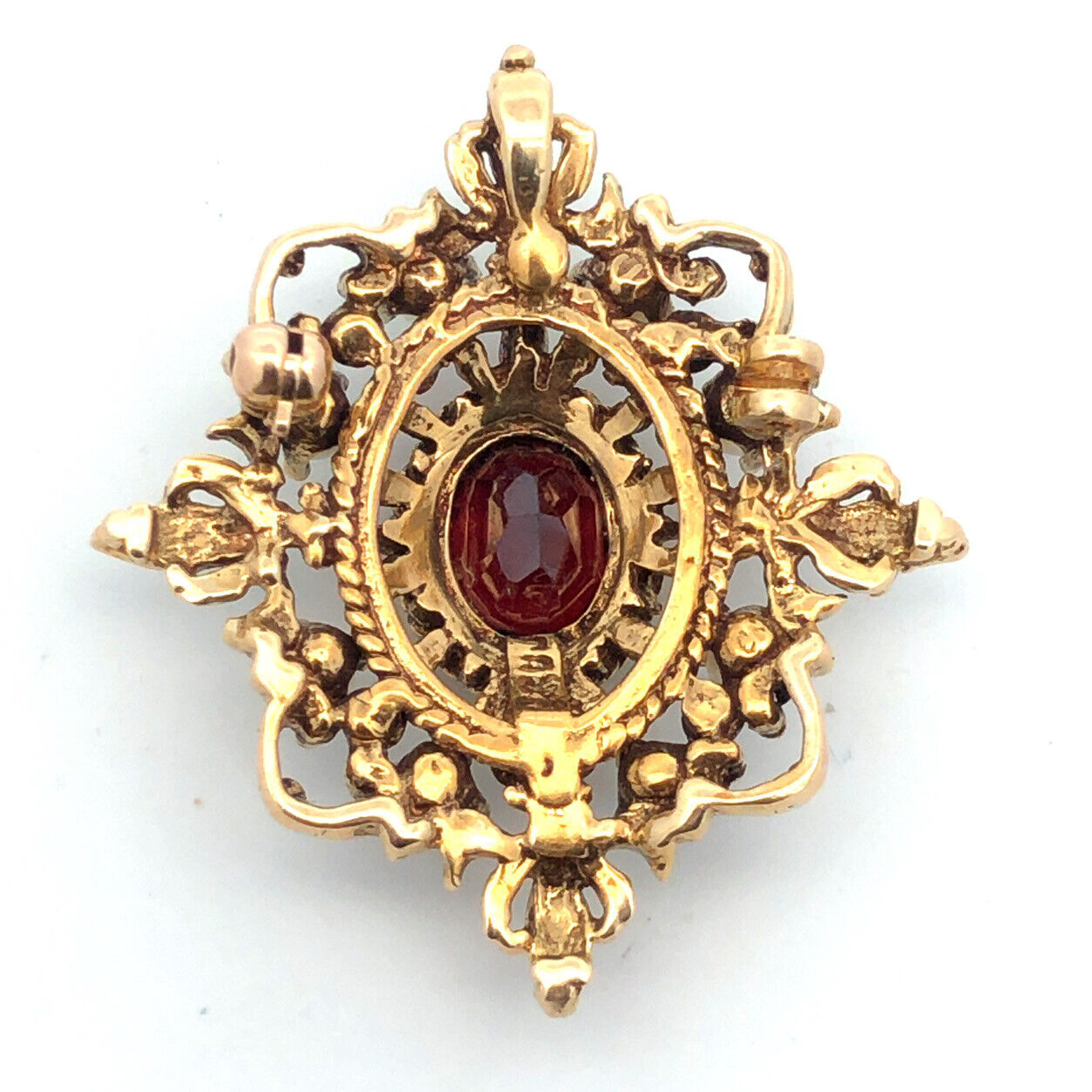 Vintage 14K Yellow Gold Oval Garnet Pearl Accented Statement Pendant