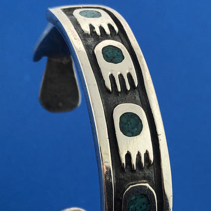 Old Pawn Native American 925 Sterling Silver Turquoise Inlay Bear Claw Bracelet