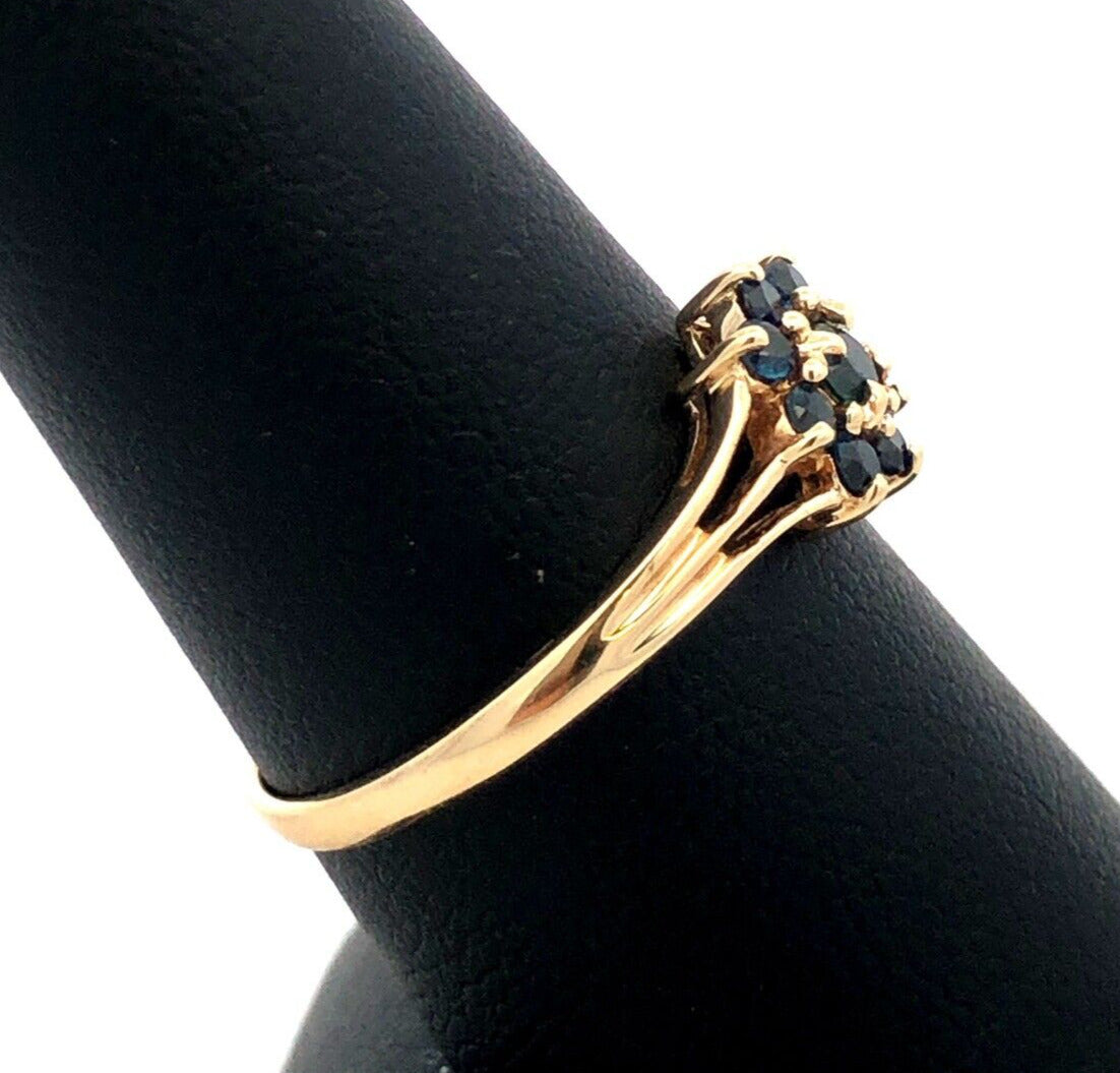 Designer 14K Yellow Gold Round Blue Sapphire Flower September Anniversary Ring