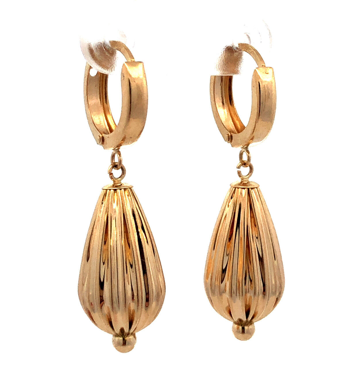 Designer EG 14K Yellow Gold Textured Teardrop Dangle Hoop Earrings