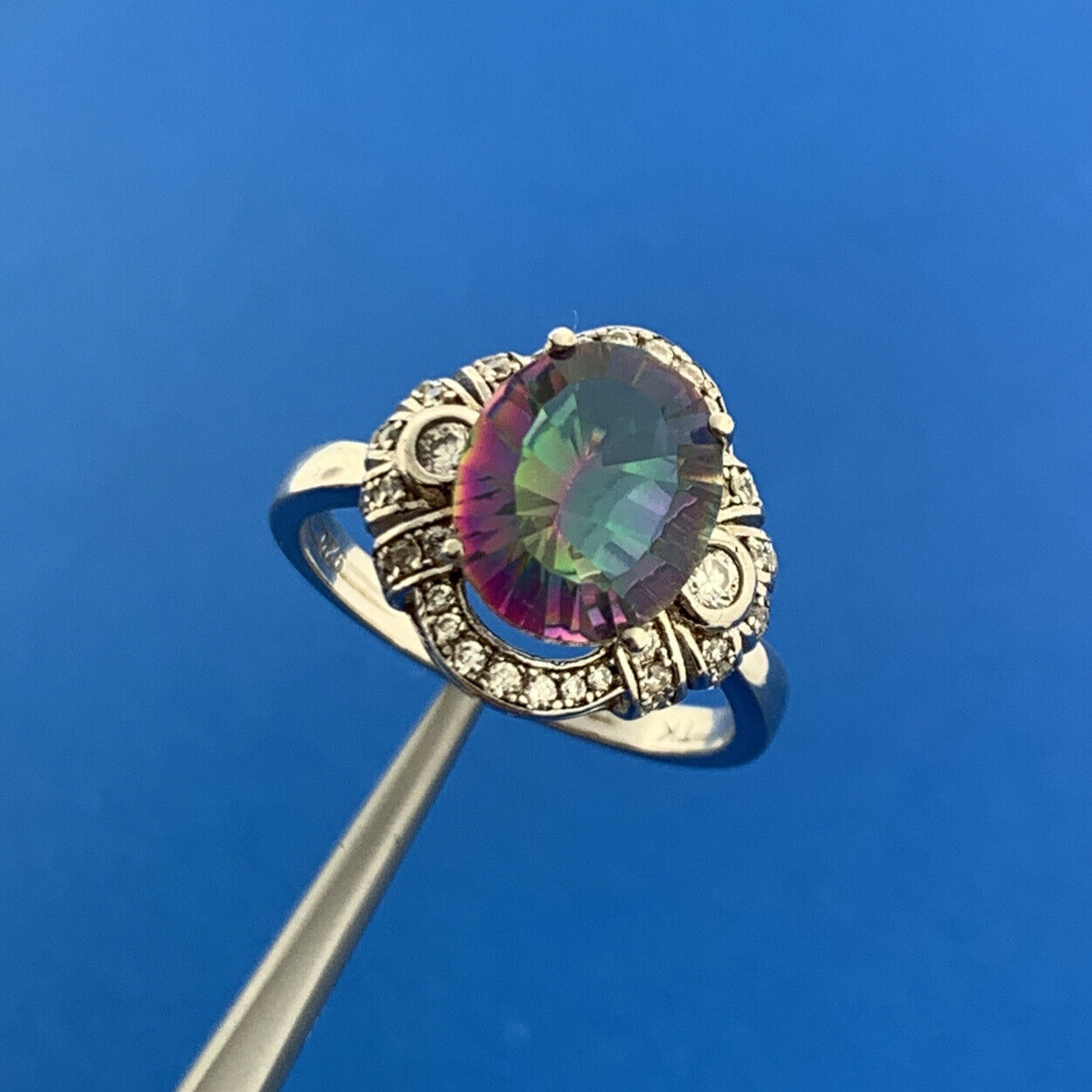 925 Sterling Silver Oval Mystic Topaz Cubic Zirconia CZ Halo Accent Ring