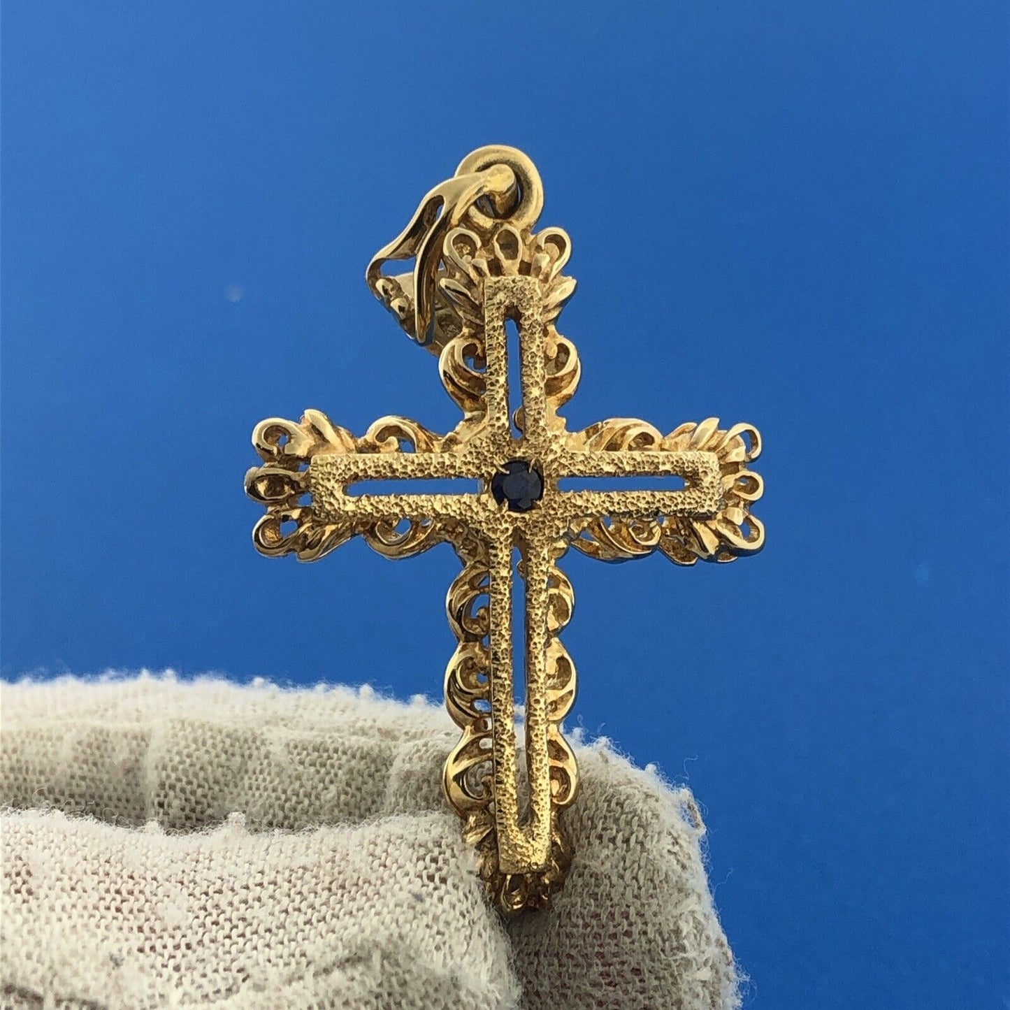 Veronese 925 Sterling Silver Vermeil Sapphire Open Work Statement Cross Pendant