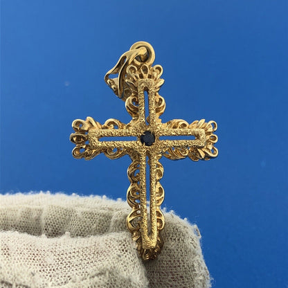 Veronese 925 Sterling Silver Vermeil Sapphire Open Work Statement Cross Pendant