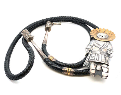 Native American Thomas Singer 925 Sterling Silver Dancer Black Leather Bolo Tie