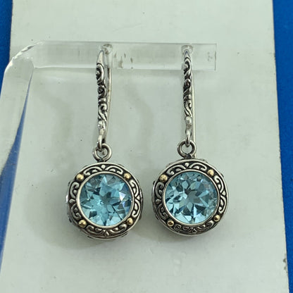 Designer DS ID Sterling Silver 18K Yellow Gold Round Blue Topaz Dangle Earrings