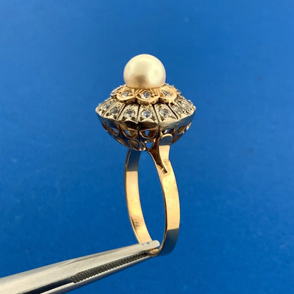 Vintage 18K Yellow White Gold Pearl White Amethyst Double Halo Tiered Ring