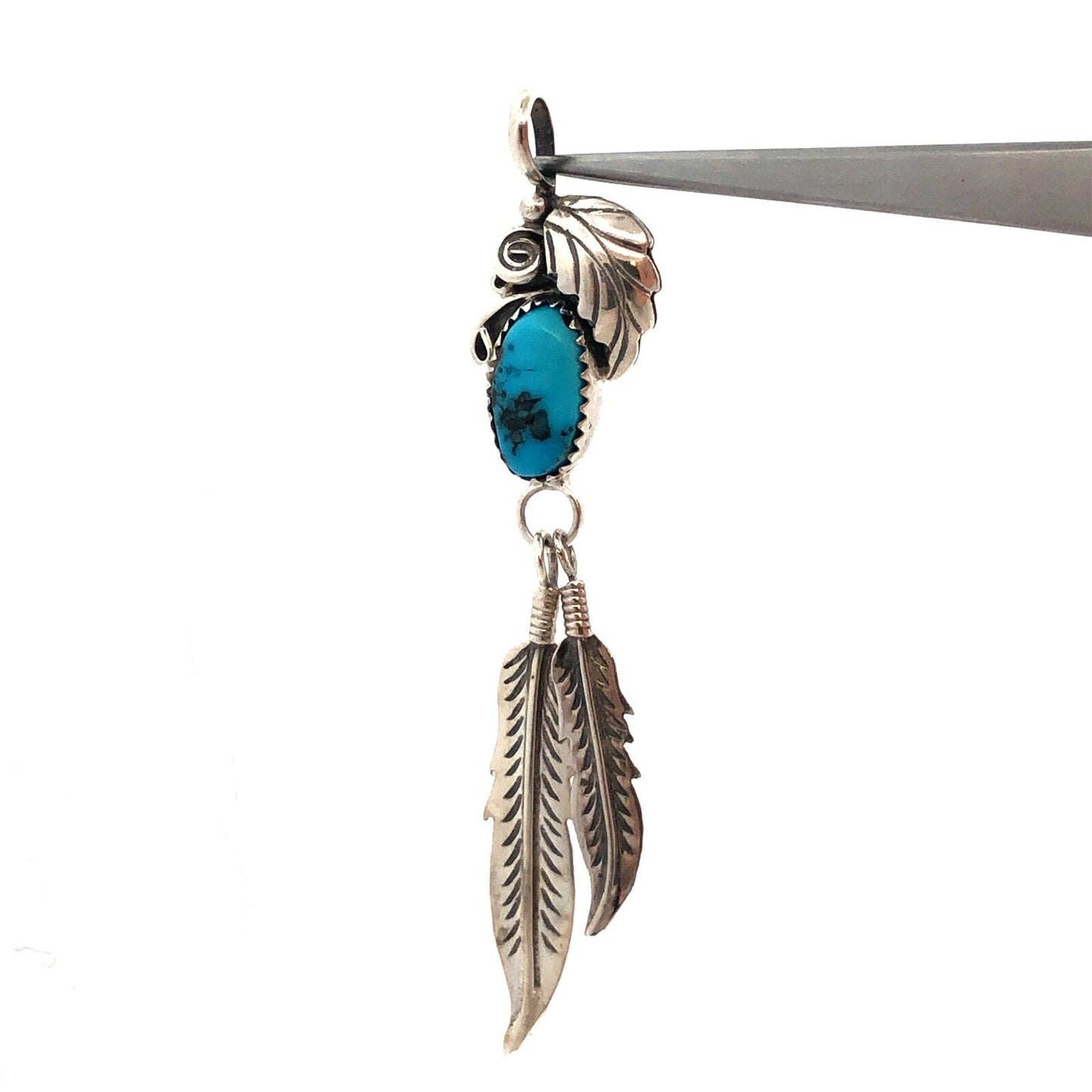 Native American Signed 925 Sterling Silver Turquoise Squash Blossom Pendant