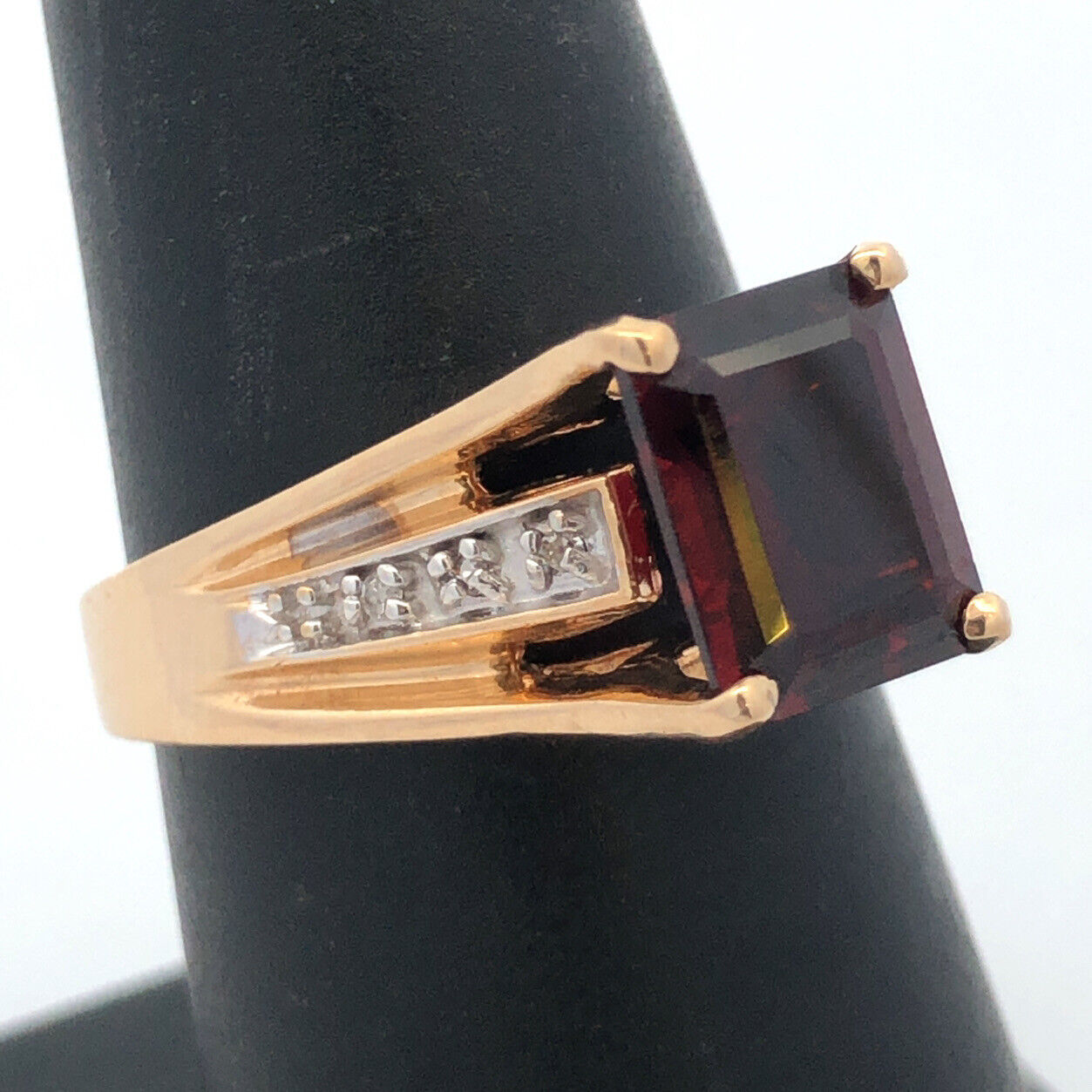 Designer 14K Yellow Gold Emerald Cut Garnet Round Diamond Accent Cocktail Ring