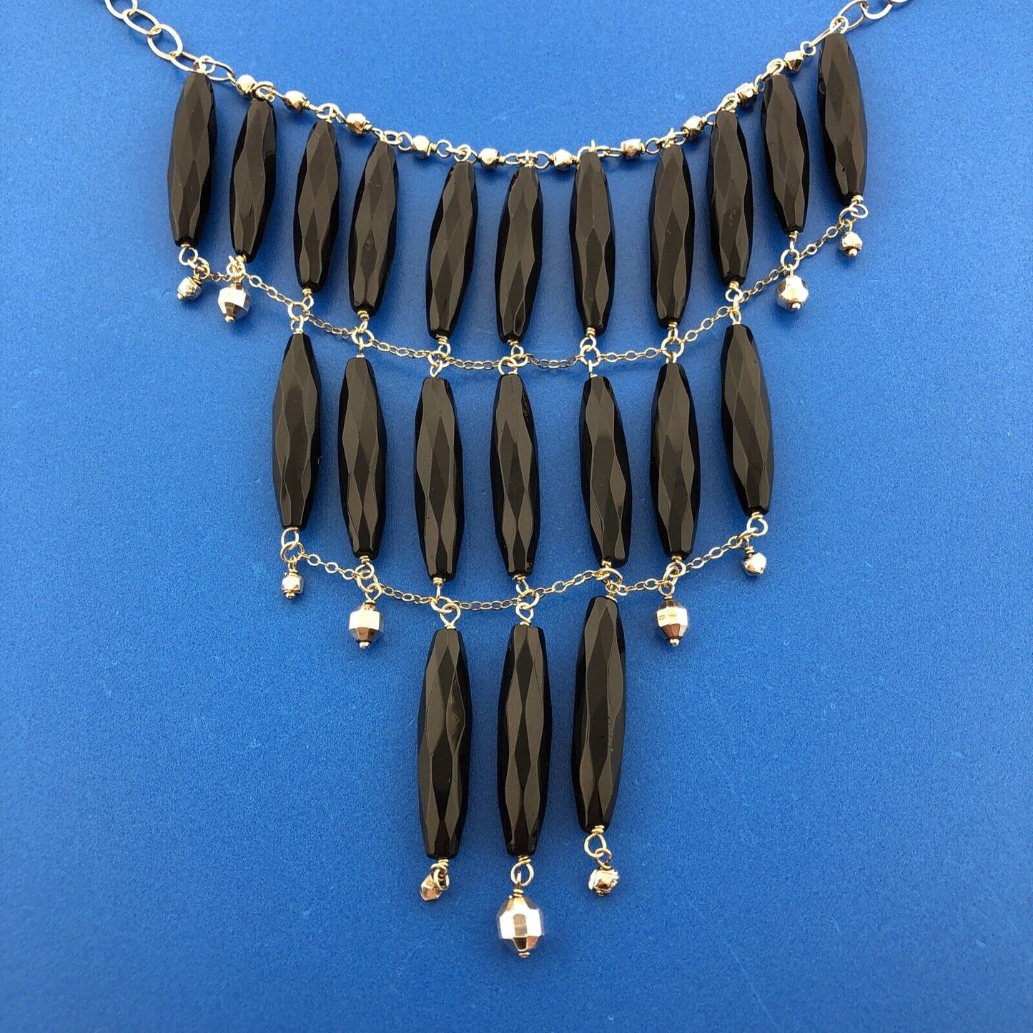 Chan Luu Vermeil Sterling Silver 925 Carved Long Black Bead 17" Bib Necklace