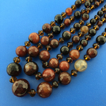 Vintage Designer Hand Knotted Carnelian Obsidian Agate Beaded 3 Tier Necklace