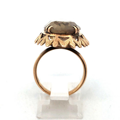 Vintage Retro 14k Yellow Gold Smoky Topaz Statement Cocktail Ring
