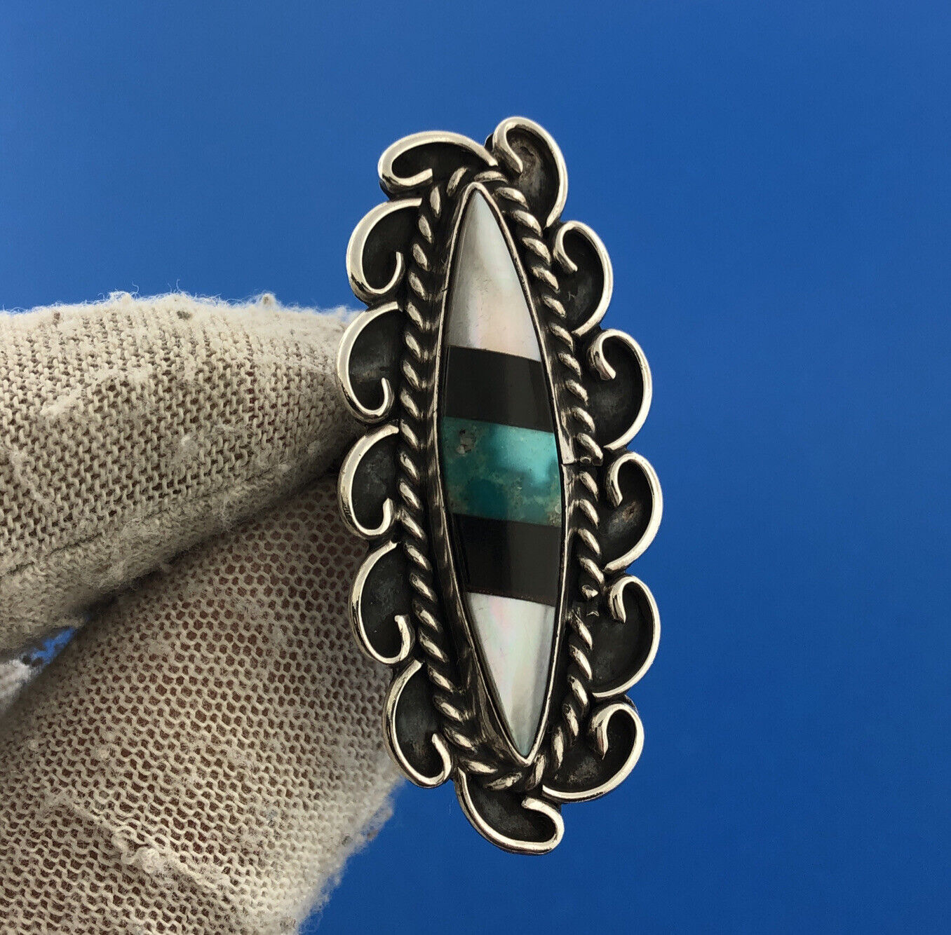 Vintage Native American 925 Sterling Silver Turquoise Inlay Statement Ring