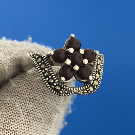 Vintage Sterling Silver 925 Marcasite Agate Flower Art Deco Style Ring