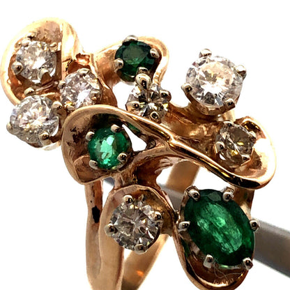 Estate 14K Yellow Gold Round Diamond Emerald Swirl Modernist Cluster Ring