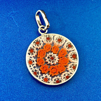 Vintage Italy Sterling Silver 925 Murano Millefiori Art Glass Disc Pendant