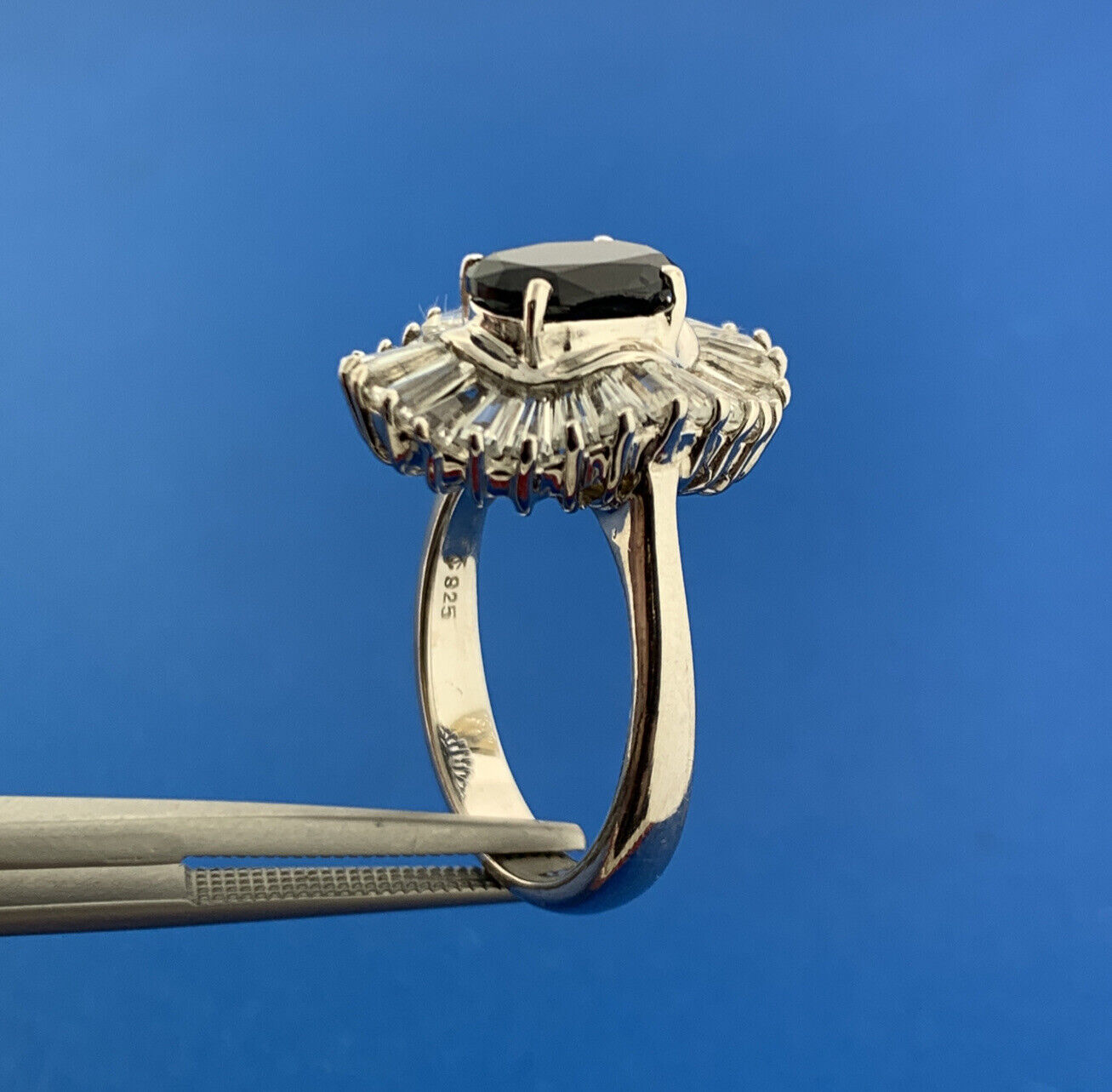 Stunning Designer Sterling Silver 925 Black Spinel White Zircon Cocktail Ring