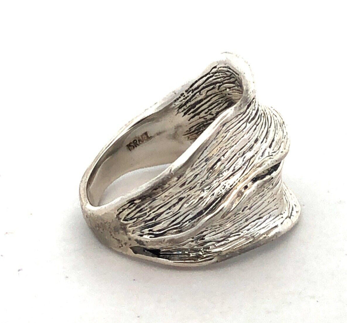 Designer Hagit Gorali Israel 925 Sterling Silver Textured Wave Wide Band Ring