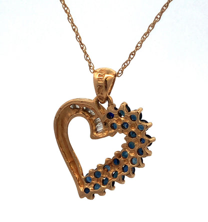 Vintage 14K Yellow Gold Sapphire Cluster Diamond Accented Heart Necklace