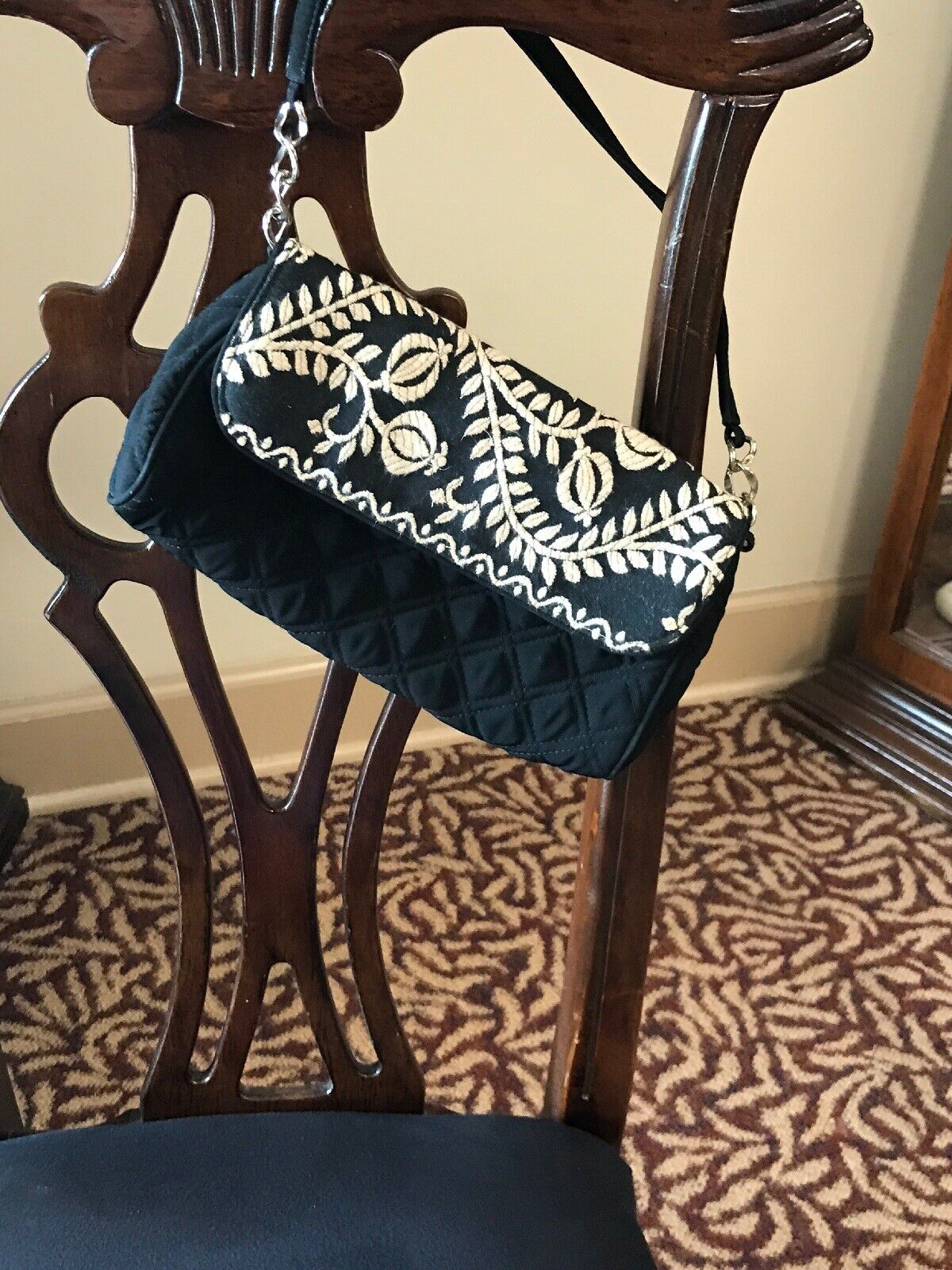 Vera Bradley Black Quilted Microfiber White Embroidered Clutch With Straps