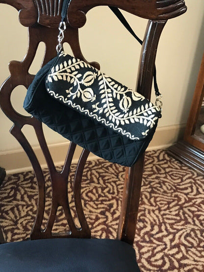 Vera Bradley Black Quilted Microfiber White Embroidered Clutch With Straps
