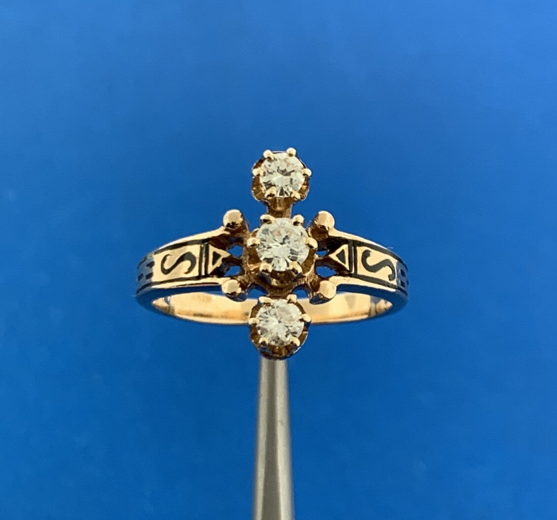 Art Deco Heirloom 14K Yellow Gold Diamond Trio Black Enamel Cocktail Ring