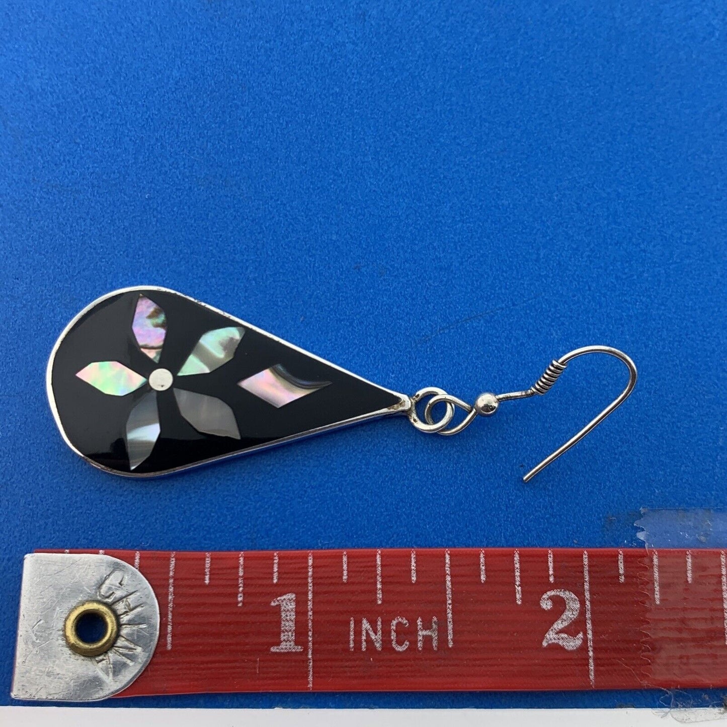Retro Mexico Alpaca Faux Silver Black Enamel Abalone Inlay Drop Dangle Earrings