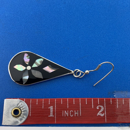 Retro Mexico Alpaca Faux Silver Black Enamel Abalone Inlay Drop Dangle Earrings