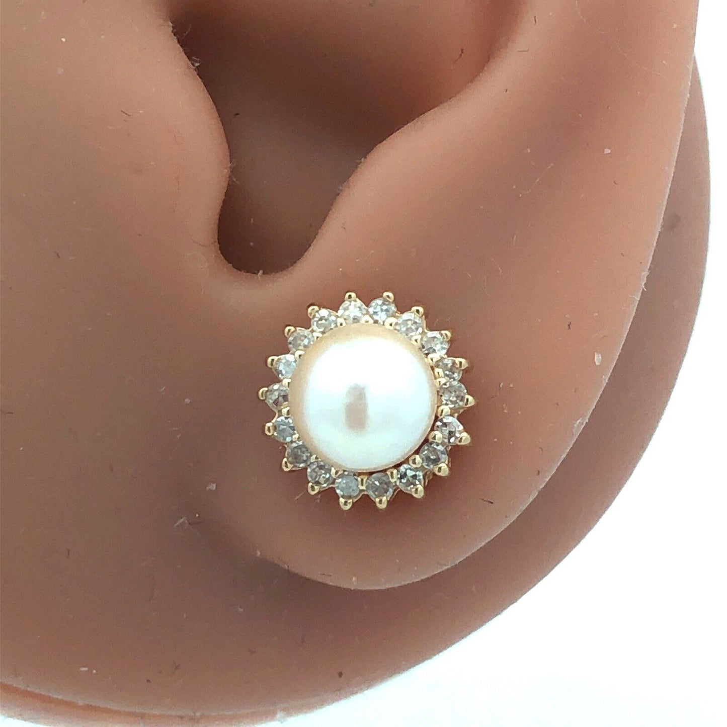 10k Yellow Gold Pearl Diamond Halo Accented Stud Earrings