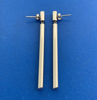 Designer 14K White Gold Polished Tubular Modernist Drop Dangle Stud Earrings