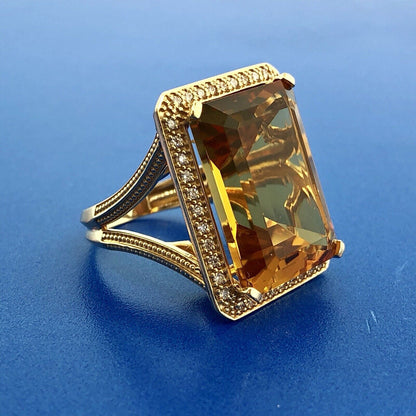 Dramatic 14K Yellow Gold Citrine Diamond Halo November Anniversary Dinner Ring