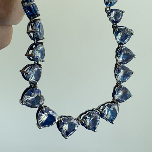 925 Sterling Silver Heart Cubic Zirconia Blue Tinted Valentines Necklace
