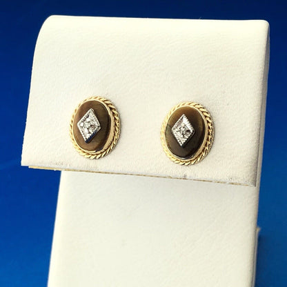 Retro 14K Yellow White Gold Oval Tiger Eye Cabochon Diamond Accent Stud Earrings