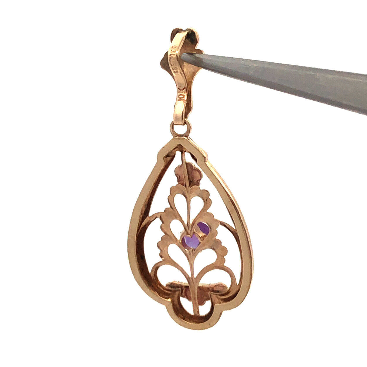 Designer Memco 10K Yellow Gold Round Amethyst Floral Floral Oval Pendant