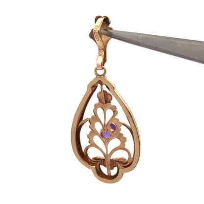 Designer Memco 10K Yellow Gold Round Amethyst Floral Floral Oval Pendant
