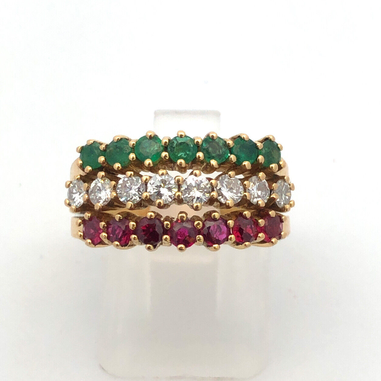 18K Yellow Gold Ruby Emerald Diamond Three Band Anniversary Cocktail Ring