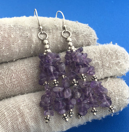 Sterling Silver 925 Amethyst Chunky Bead Long Drop Dangle Hook Earrings