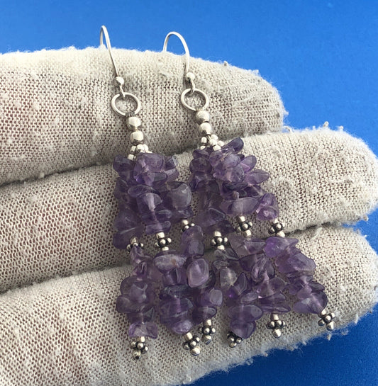 Sterling Silver 925 Amethyst Chunky Bead Long Drop Dangle Hook Earrings